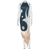 Women Printed Wear Slimming Socialite Slim Waist Hip High Collar Sleeveless Maxi Dress