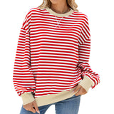 Autumn Winter Striped Round Neck Contrast Color Loose Long Sleeve Sweatershirt Coat Women