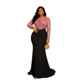 Women Clothes Dress Sequin round Neck Pleated Sequined Sheath Long Sleeve