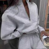 Autumn Winter Zipper Collared Solid Color Casual Two Piece Set