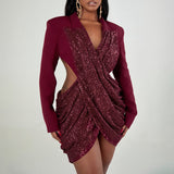 Women Clothing Autumn Solid Color Sequ Backless Long Sleeves Slim Fit Elegant Short Stitching Dress