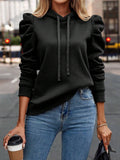 Autumn Winter Polo Collar Hooded Solid Color Long Sleeve Casual Women Top Sweatshirt