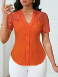 All Match Single Breasted Solid Color Slim Fit Embroidery Hollow Out Cutout Short Sleeve Top