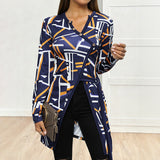 Geometric Abstract Printing Long T shirt V neck Slim Fit Slit Top Women Clothing
