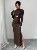 Autumn Winter Sexy Slit Slim Fitting Cropped Outfit Long Sleeve Mid Length Long Sleeve Dress