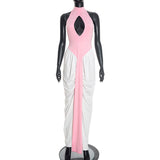 Women Clothing Winter Halter Sleeveless round Neck Hollow Out Cutout Contrast Color Ribbon Slit Maxi Dress