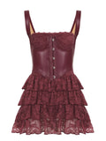 Sexy Leather Bra Strap Lace Stitching Puffy Tiered Dress Summer Set