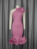 Elegant Half Turtleneck Ruffled Dress off Shoulder Ruffled Hem Cocktail Evening Dress