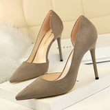 Simple Stiletto Heel Suede Shallow Mouth Pointed Toe Sexy Nightclubs Thinner Side Hollow Out Cutout Pumps