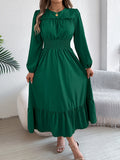Autumn Winter Solid Color Elegant Wooden Ear Cinched Pleated Maxi Dress Women Clothing