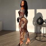 Women Clothing Vintage Print Sexy Off The Shoulder Long Sleeve One Step Dress Dress