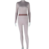 Women Clothing Printed Street round Neck Long Sleeve Trousers Body Pants Fitness Jumpsuit Women