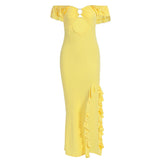 Summer Women Sexy off Shoulder Tube Top Hollow Out Cutout Slim Fit Slit Dress