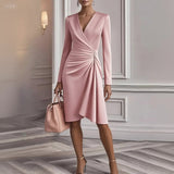 Sexy Slim Fit Slimming Solid Color Hip Dress Long Sleeve V Pleated Design Dress Women