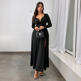 Retro Deep V Plunge neck Long Sleeve Split Black Large Swing Dress Women Slim Waist Elegant Formal Dress