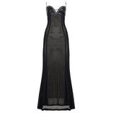 Sexy Elegant Lace up Chest Cover Eyelet Halter Dress Mesh Leather Slim Fit Patchwork Hip Wrapped Dress