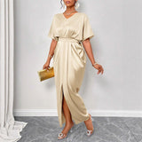 Women Clothing Early Autumn Satin Dress Ball Gown Satin Waist Tight Maxi Dress