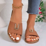 Metal Buckle Flat Slippers Women Lightweight Open Toe Rhinestone Beach Slippers