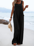Women Clothing Summer Jumpsuit Ethnic Solid Color Wide Leg Jumpsuit