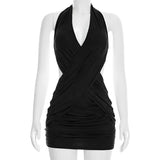 Women Clothing Summer Solid Color Casual Slim Cross Tied Neck Sleeveless Mini Short Dress