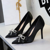 French Elegant Rhinestone Bow Super High Heel Women Shoes Pointed Toe Shallow Mouth Stiletto Heel Pumps