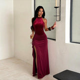 Halter Sequined Elegant Dress Sexy Split Pleated Dress for Women