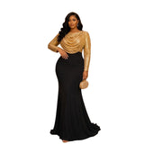 Women Clothes Dress Sequin round Neck Pleated Sequined Sheath Long Sleeve