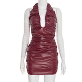 Women Clothing Autumn Solid Color Sexy Faux Leather Halter Sleeveless Slim Deep V Plunge Short Dress