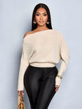 Sloping Shoulder off the Shoulder Sequ Loose Fitting Batwing Sleeve Waist Tight Sweater