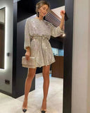 Summer Sequined Round Neck Long Sleeve Casual Loose Beaded Dress