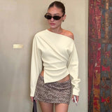 Women Clothing Summer Simple Shoulder Stretch Slim Fit Slit Long Sleeve T shirt Top