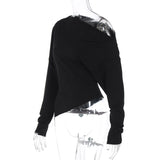 Women Clothing Summer Simple Shoulder Stretch Slim Fit Slit Long Sleeve T shirt Top