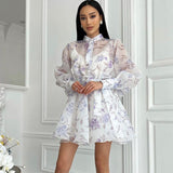 Women Elegant Stand Collar Long Sleeve Lace Printing A line Cami Dress