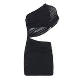 Fashionable Women Clothing Sexy Mesh Shoulder Hollow Out Cutout out Cropped Stitching Hip Short Dress