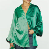 Spring Summer Satin Two Piece Set Colorblock Women Clothing Oversized Shirt Casual Straight Pants Set