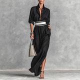 Women Clothing Draping Effect High Slit Maxi Dress Lapels Single Breasted Long Sleeve Dress