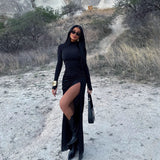 Autumn Stand Collar Long Sleeve Pleated Sexy Slit Hip Bag Dress Women