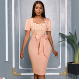 Women Clothing High Grade Three Dimensional Rose Square Collar Dress Bow Waist Tight Cocktail Hip Dress