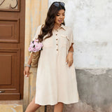 Plus Size Women Loose Pleated Shirt Dress Women Collared Short Sleeve Pocket Vacation Dress