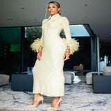 Yellow Blouse Collar Long Sleeve Feather Knitted Striped Slim Bandage Dress