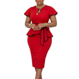 Women Clothing African Bell Sleeve round Neck Multicolor Lace up Ruffled Sheath Dress