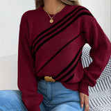 Women Clothing Autumn Winter Casual Striped round Neck Lantern Long Sleeve Pullover