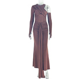 Solid Color Design Women Pleated One Shoulder Hip Dress Lace up Cutout round Neck Length Dress