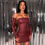 Women Clothing Sexy Tube Top Cinched Waist Sheath Dress Faux Leather Oversleeve Nightclub Mini Dress Women