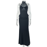 Solid Color Women Slim Pleated Hip Dress Slim Hanging Collar Sleeveless High End Maxi Dress