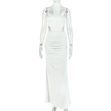 Solid Color Women Slim Fit Chest Wrapped Hip Dress Hanging Collar Sleeveless Split Evening Party Maxi Dress