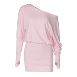 Women Clothing Autumn Personalized One Shoulder Cold Shoulder Long Sleeve Faux Two Piece Waist Slimming Hip