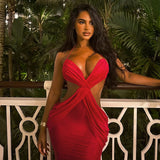 Sexy Women Clothing Backless Pleated Hip Dress Halter Wrapped Chest Cross Solid Color Maxi Dress