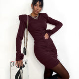 Women Clothing Sexy Nightclub Dress Pullover round Neck Long Sleeves Pleating Skinny Hip