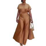Satin Silky Strap Flounced Sleeve Wide Leg Two Piece Sets